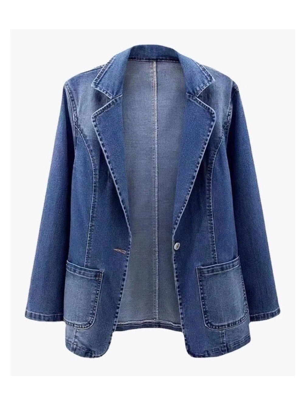 Women's Blue Mid-Length Slim Blazer Jacket 2XL Button Pockets Long Sleeve